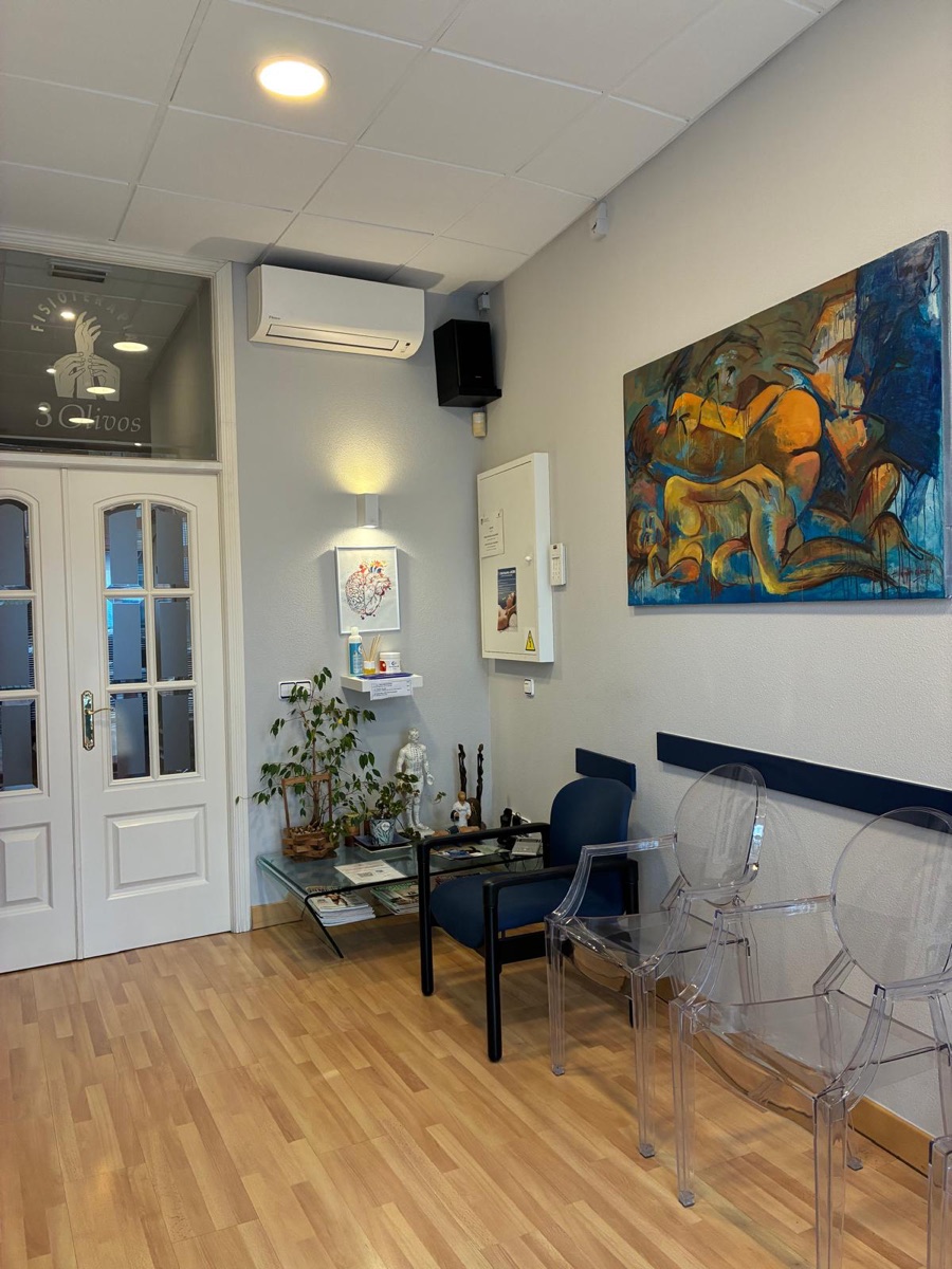 Zona de espera de Fisioterapia 3 Olivos con sillas y luz natural