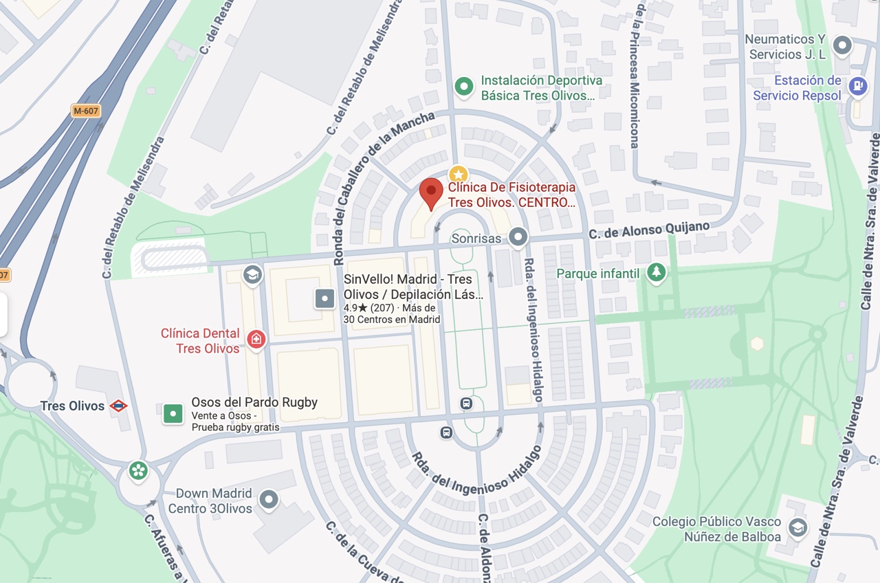 Mapa estático con el marcador de Fisioterapia 3 Olivos en la Plaza de los Tres Olivos